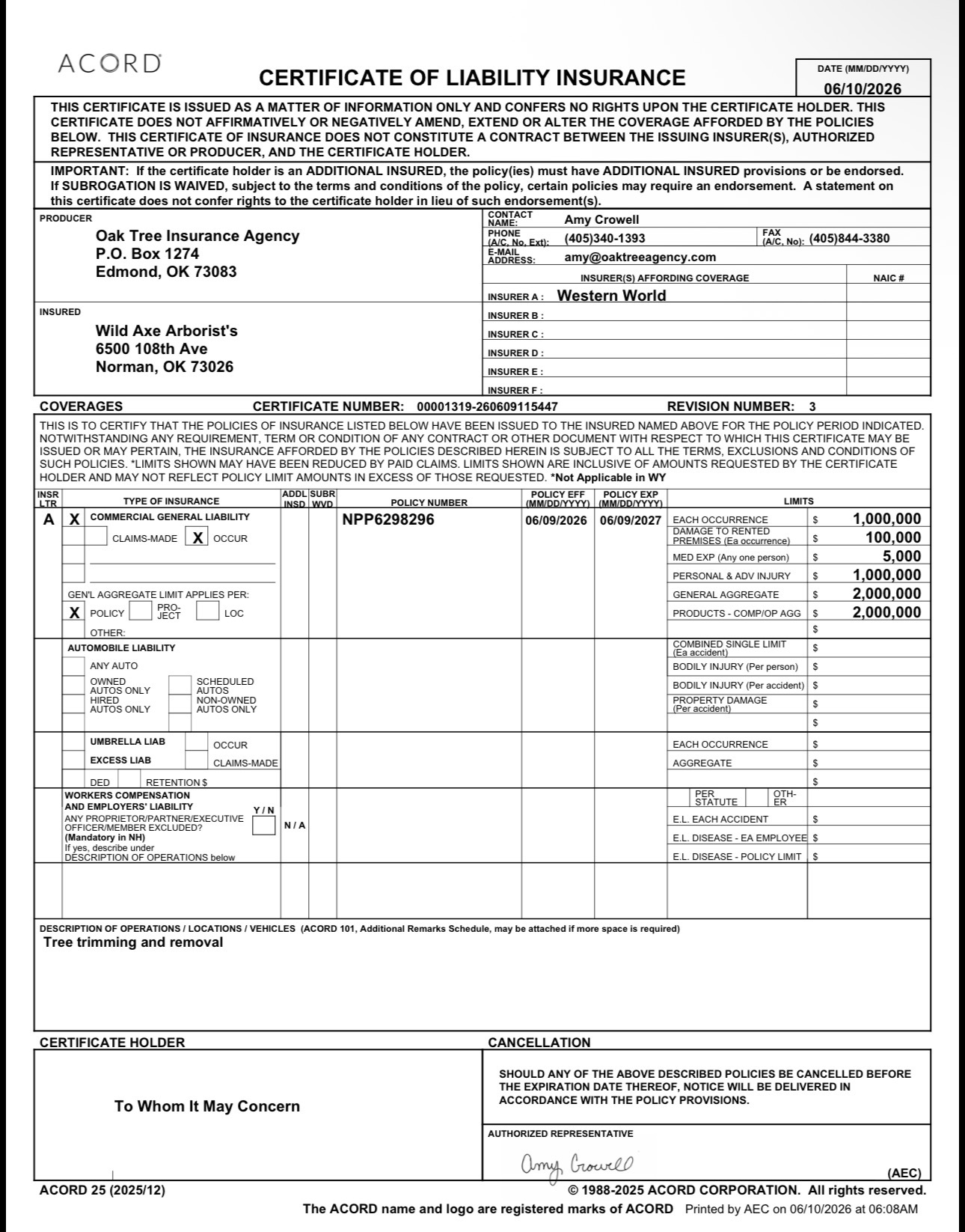 Wild Axe Arborists Certificate of Liability Insurance showing commercial general liability coverage