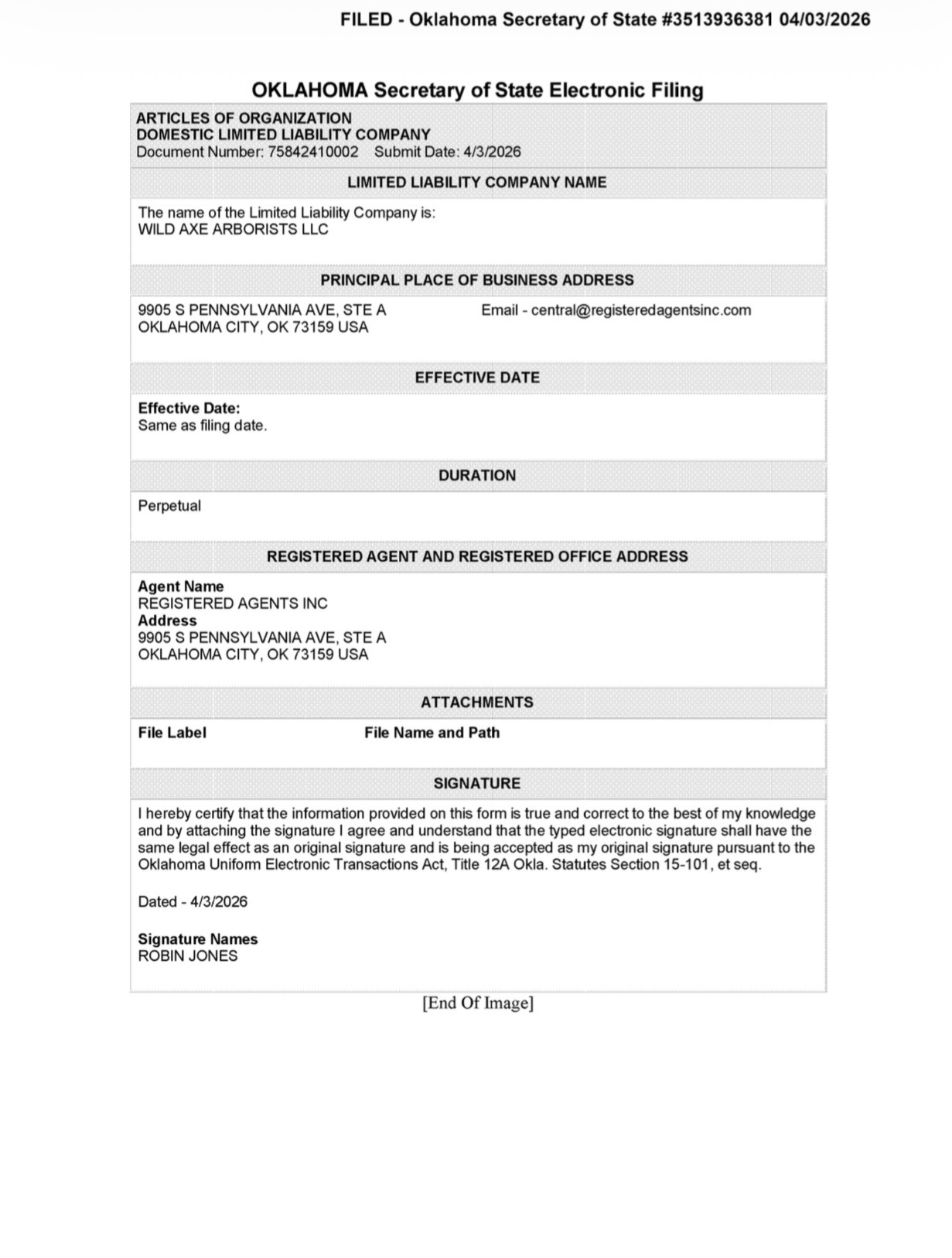Oklahoma Articles of Organization filed for Wild Axe Arborists LLC