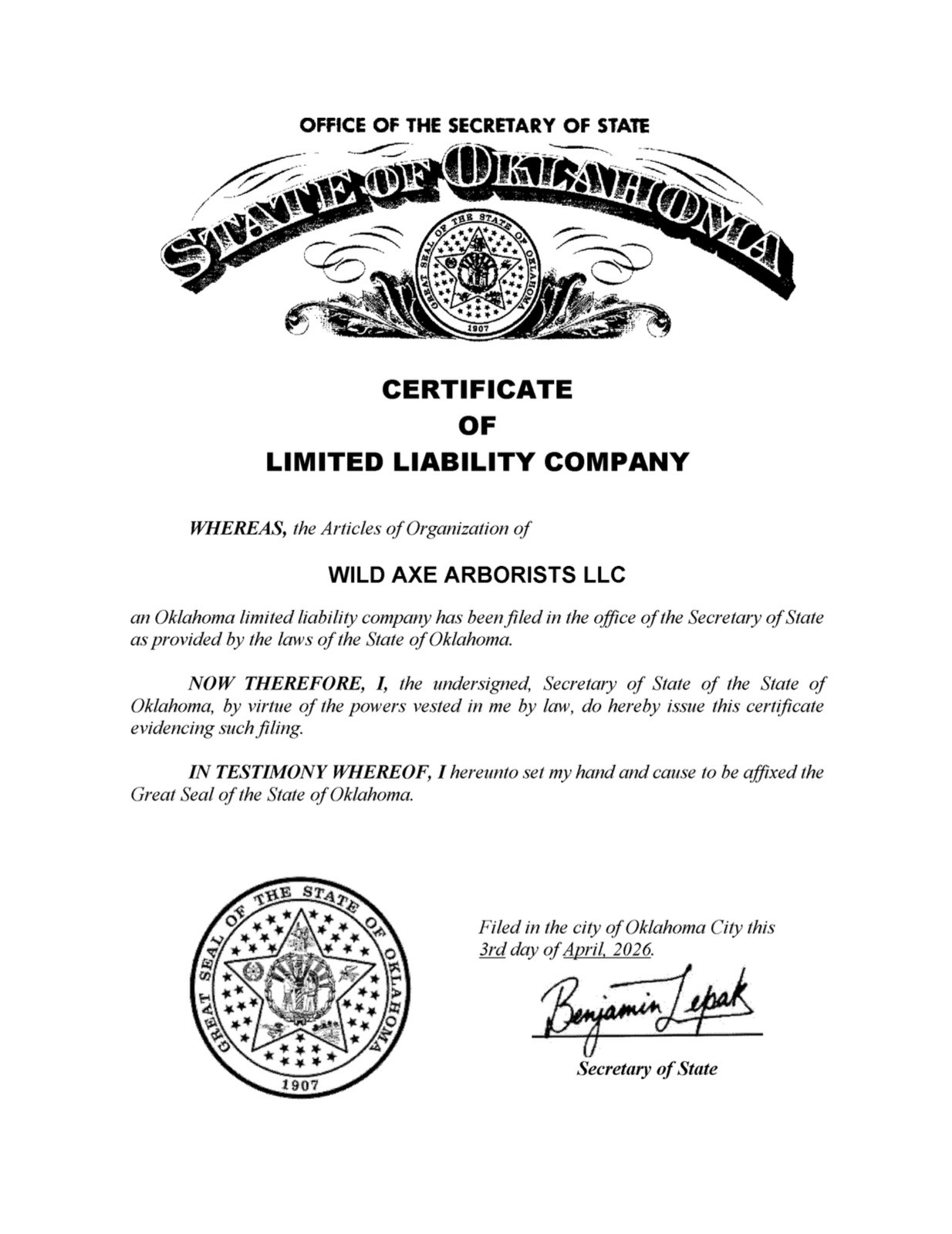 Oklahoma Secretary of State Certificate of Limited Liability Company issued to Wild Axe Arborists LLC